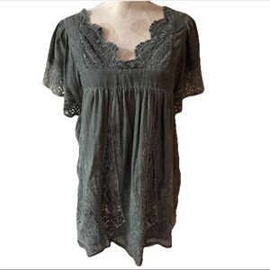 Sundance Gray Blue Short Sleeve Blouse Embroidered Floral Boho Cotton Silk Sz L